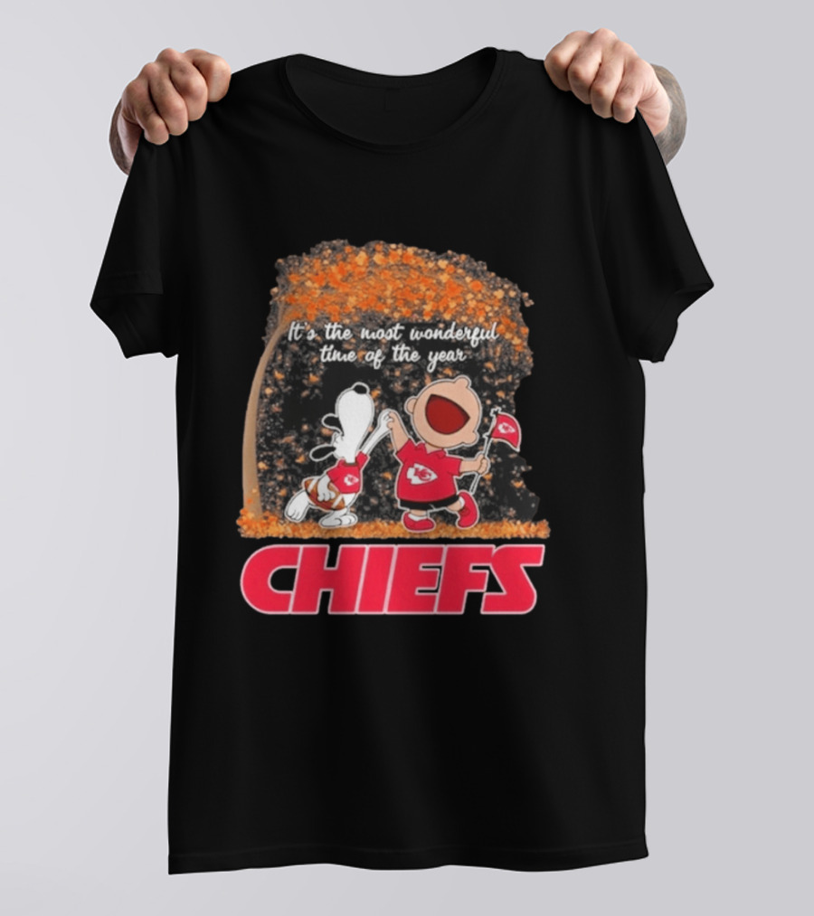 Kansas City Chiefs Snoopy Charlie Brown Dancing It's The Most Wonderful Time Of The Year T-Shirt