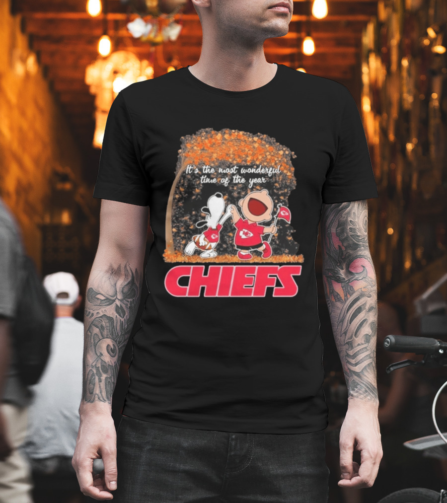Kansas City Chiefs Snoopy Charlie Brown Dancing It's The Most Wonderful Time Of The Year T-Shirt