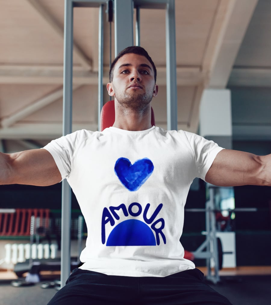 Amour Blue Heart French Love Watercolor T-Shirt