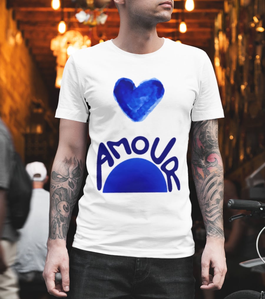 Amour Blue Heart French Love Watercolor T-Shirt
