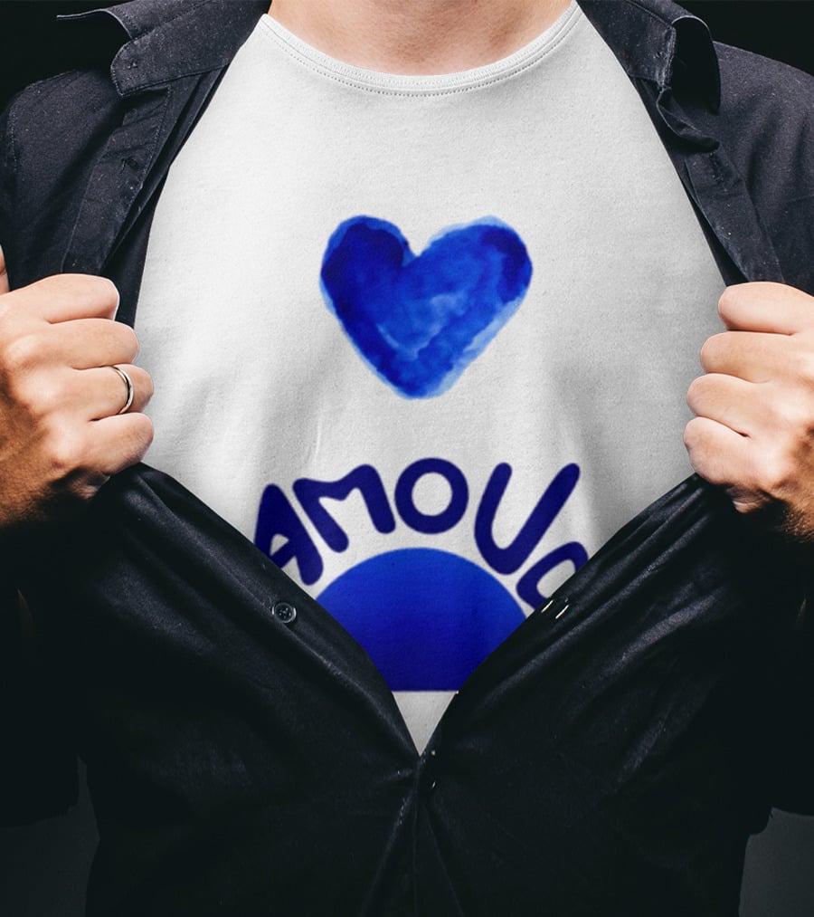 Amour Blue Heart French Love Watercolor T-Shirt