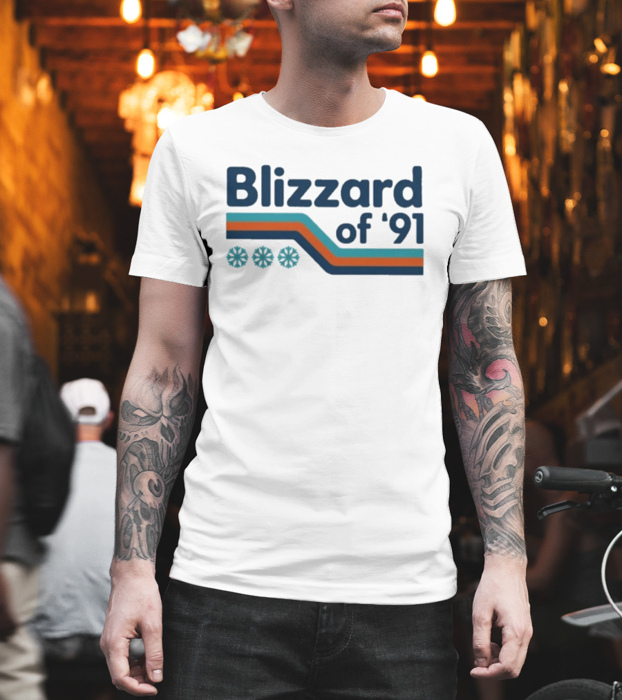 Blizzard Of '91 Retro Winter Snowflakes And Stripes T-Shirt