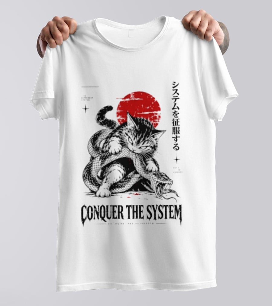 Cat Conquer The System Discipline Creates Freedom Japanese Style Red Sun T-Shirt