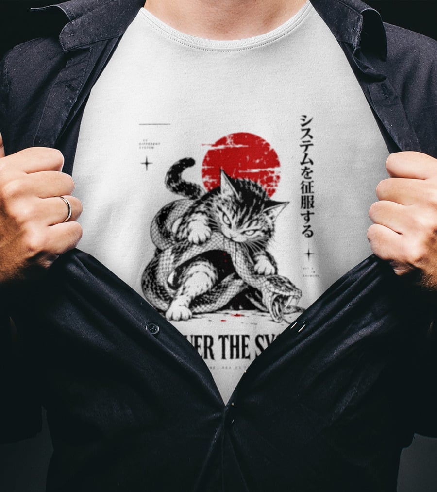 Cat Conquer The System Discipline Creates Freedom Japanese Style Red Sun T-Shirt