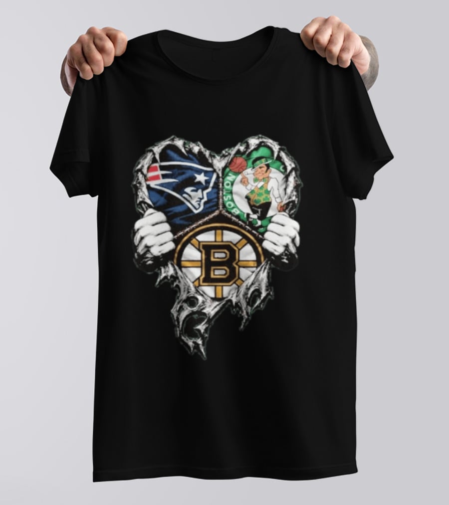 New England Patriots Boston Celtics Boston Bruins Ripped Heart Triple Team Sports T-Shirt
