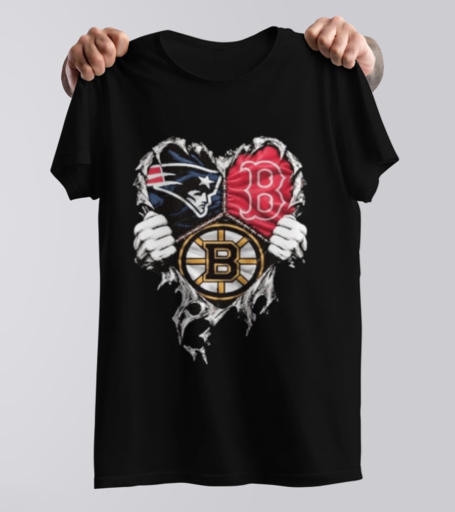 New England Patriots Boston Red Sox Boston Bruins Heart Iconic Trio T-Shirt