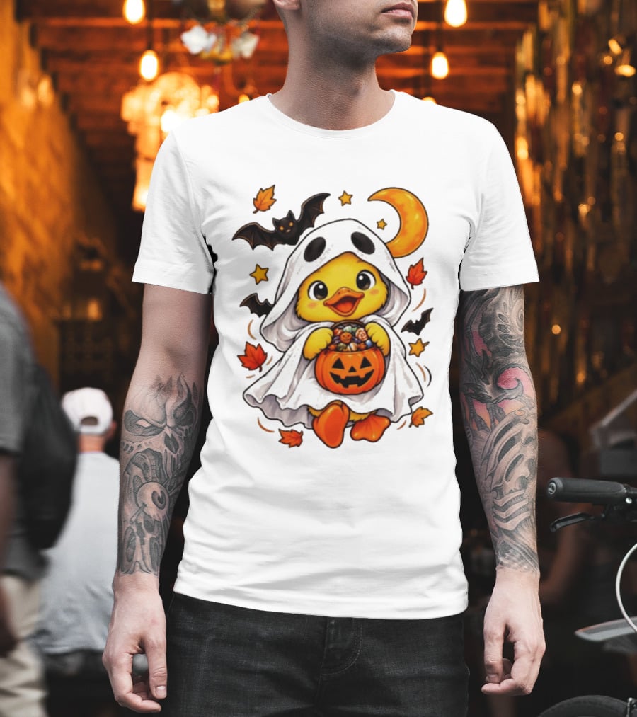 Ghost Ducking With Halloween Pumpkin Candy Bucket Bat Moon And Stars T-Shirt