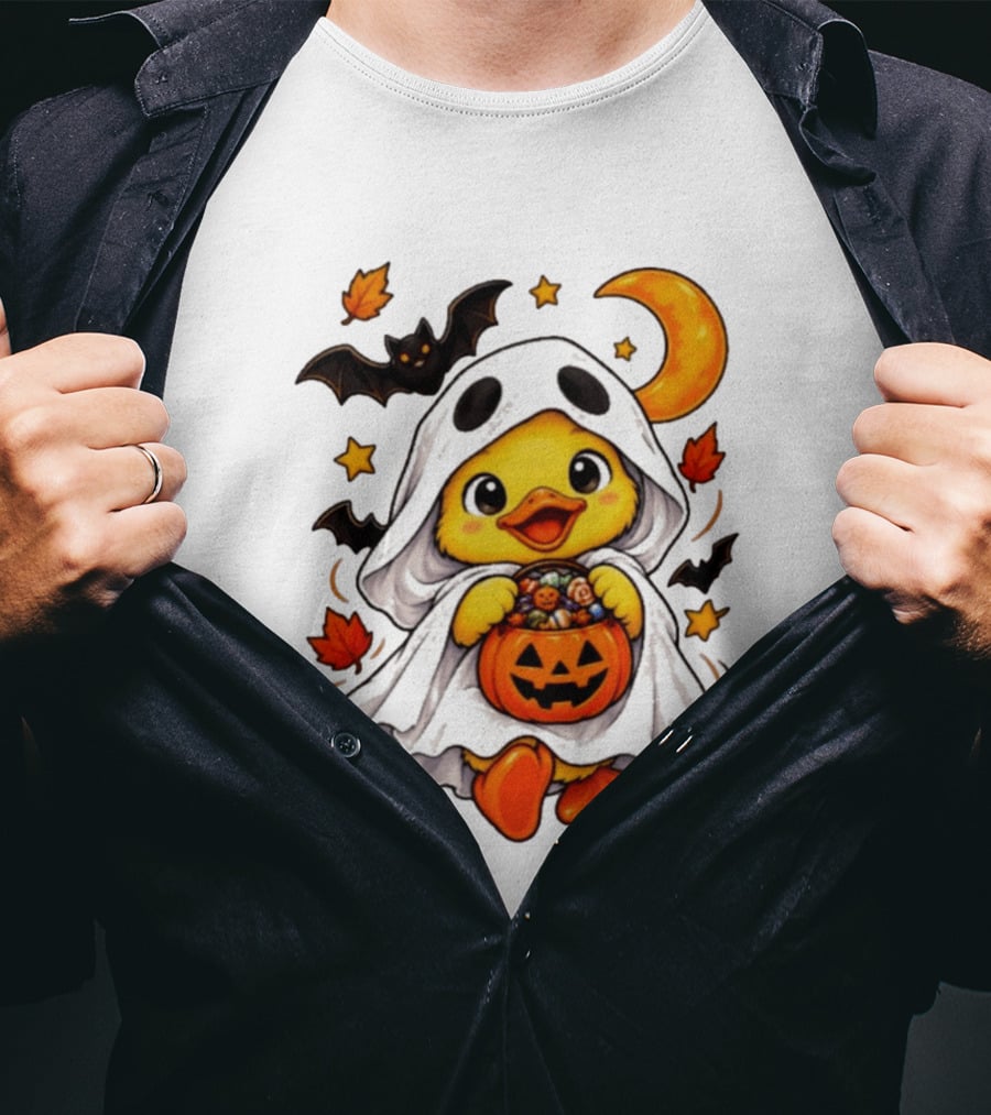 Ghost Ducking With Halloween Pumpkin Candy Bucket Bat Moon And Stars T-Shirt