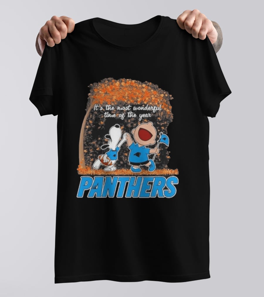 Carolina Panthers Snoopy Charlie Brown Dancing It's The Most Wonderful Time Of The Year 2026 T-Shirt