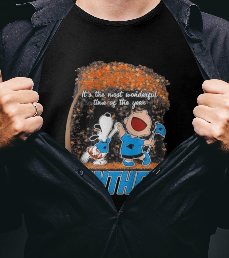 Carolina Panthers Snoopy Charlie Brown Dancing It's The Most Wonderful Time Of The Year 2026 T-Shirt