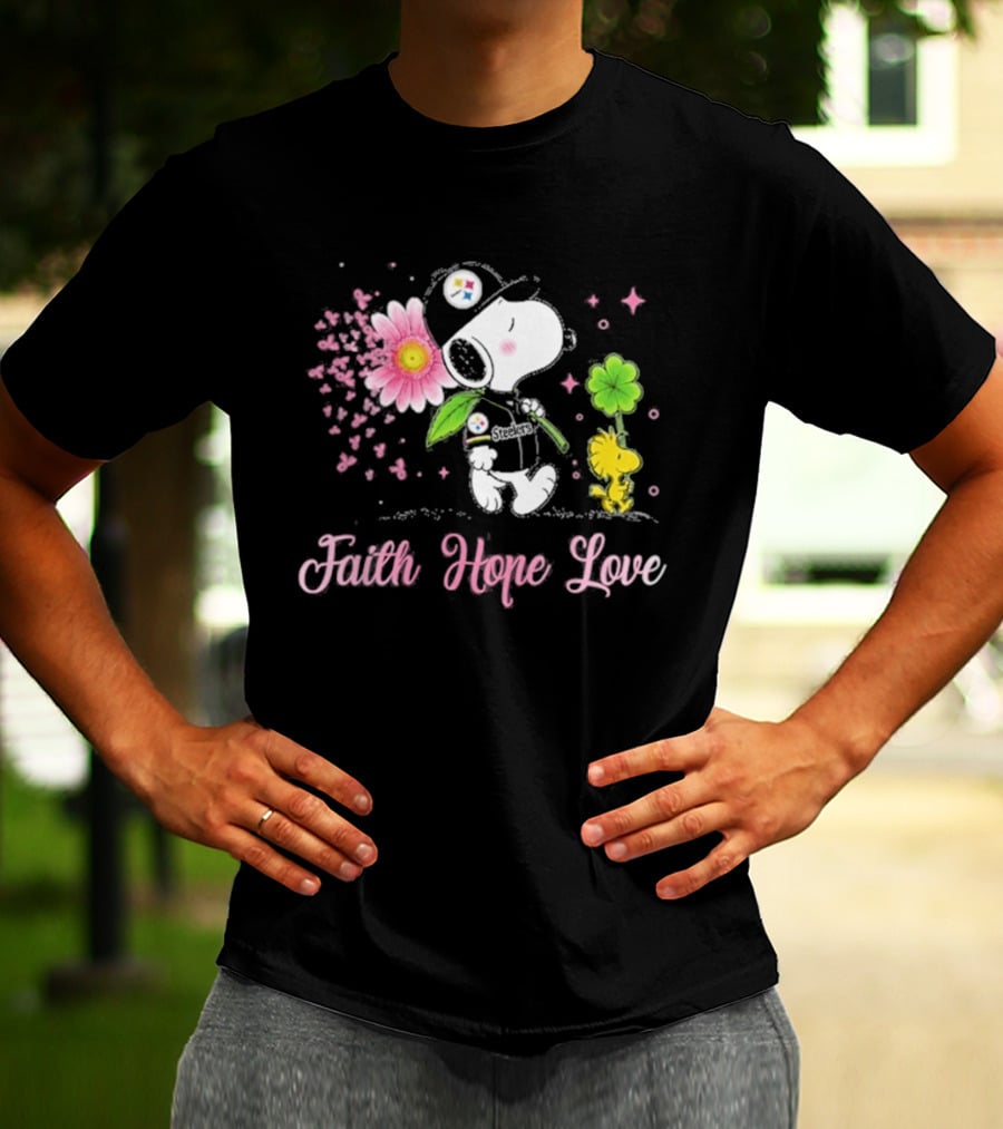 Pittsburgh Steelers Snoopy Woodstock 2026 Faith Hope Love Breast Cancer Awareness T-Shirt