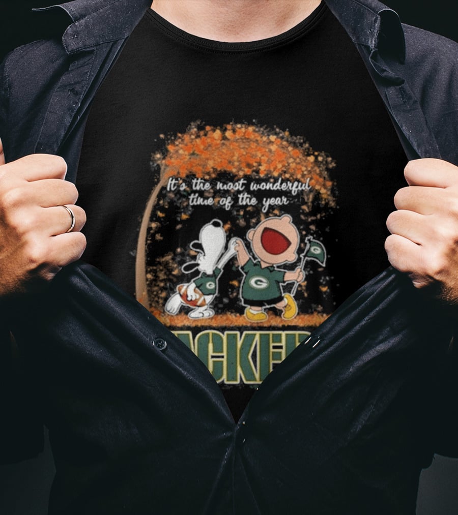 Green Bay Packers Snoopy Charlie Brown Dancing Autumn Leaves 2026 Most Wonderful Time T-Shirt