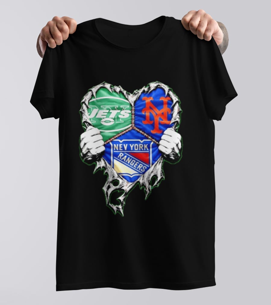 New York Jets Mets Rangers Heart Mashup Scratch T-Shirt
