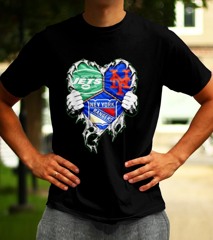 New York Jets Mets Rangers Heart Mashup Scratch T-Shirt