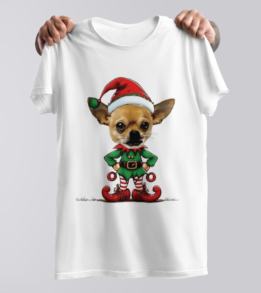 Chihuahua Elf Christmas 2026 Humor Meme Festive Dog In Santa Hat And Green Elf Outfit T-Shirt