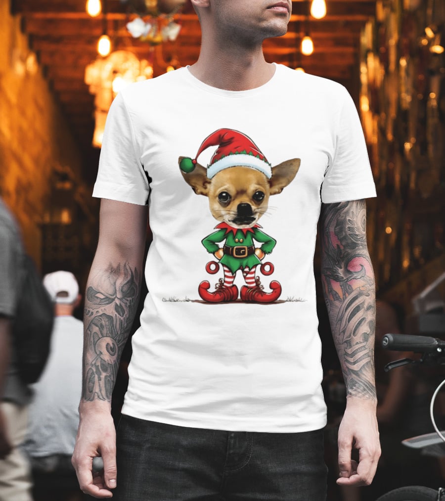 Chihuahua Elf Christmas 2026 Humor Meme Festive Dog In Santa Hat And Green Elf Outfit T-Shirt