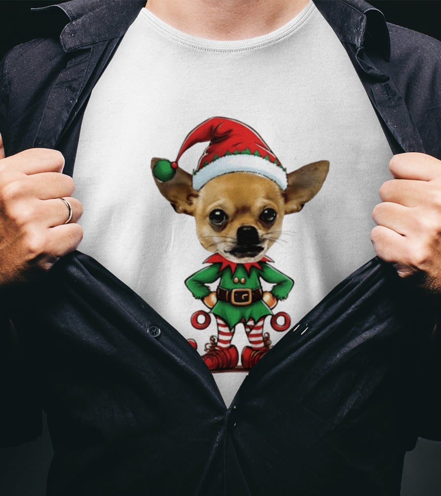 Chihuahua Elf Christmas 2026 Humor Meme Festive Dog In Santa Hat And Green Elf Outfit T-Shirt
