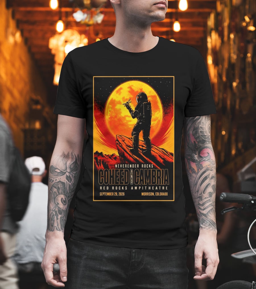 Neverender Rocks Coheed And Cambria Red Rocks Ampitheatre Morrison Colorado September 29 2026 Astronaut Orange Moon Scene T-Shirt