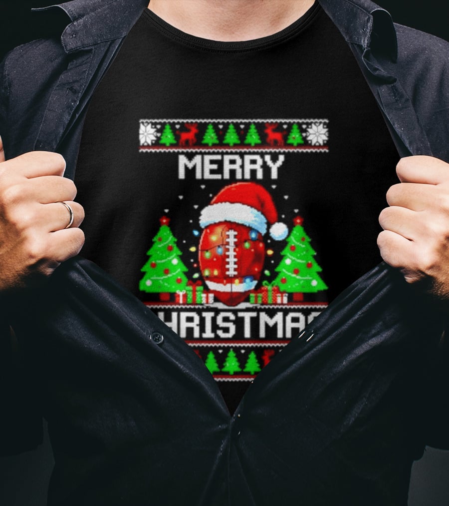 Merry Christmas Football Santa Hat Lights Festive Trees T-Shirt