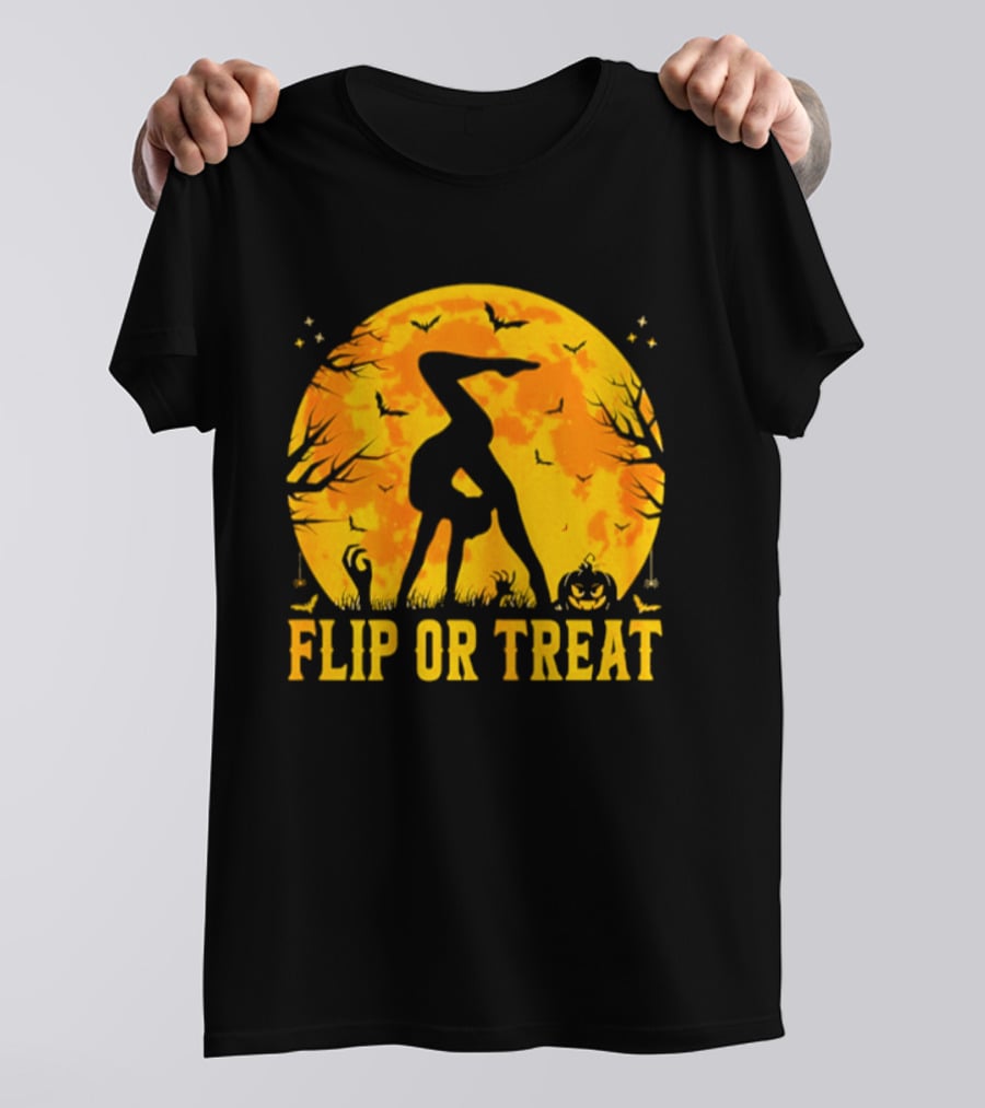 Flip Or Treat Halloween Gymnastics Moon Silhouette Spooky Pumpkin T-Shirt