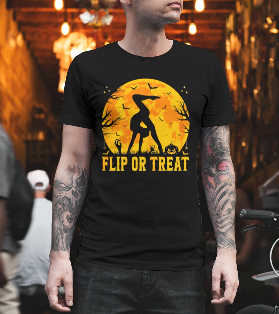 Flip Or Treat Halloween Gymnastics Moon Silhouette Spooky Pumpkin T-Shirt