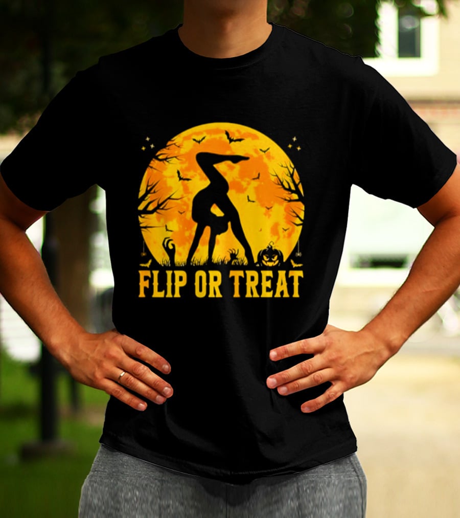 Flip Or Treat Halloween Gymnastics Moon Silhouette Spooky Pumpkin T-Shirt