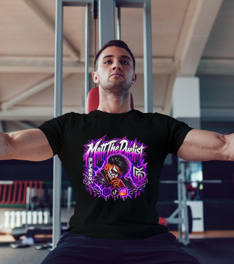 Matt The Duelist Freelance MTD Anime Gamer Mask Neon Purple Kanji T-Shirt