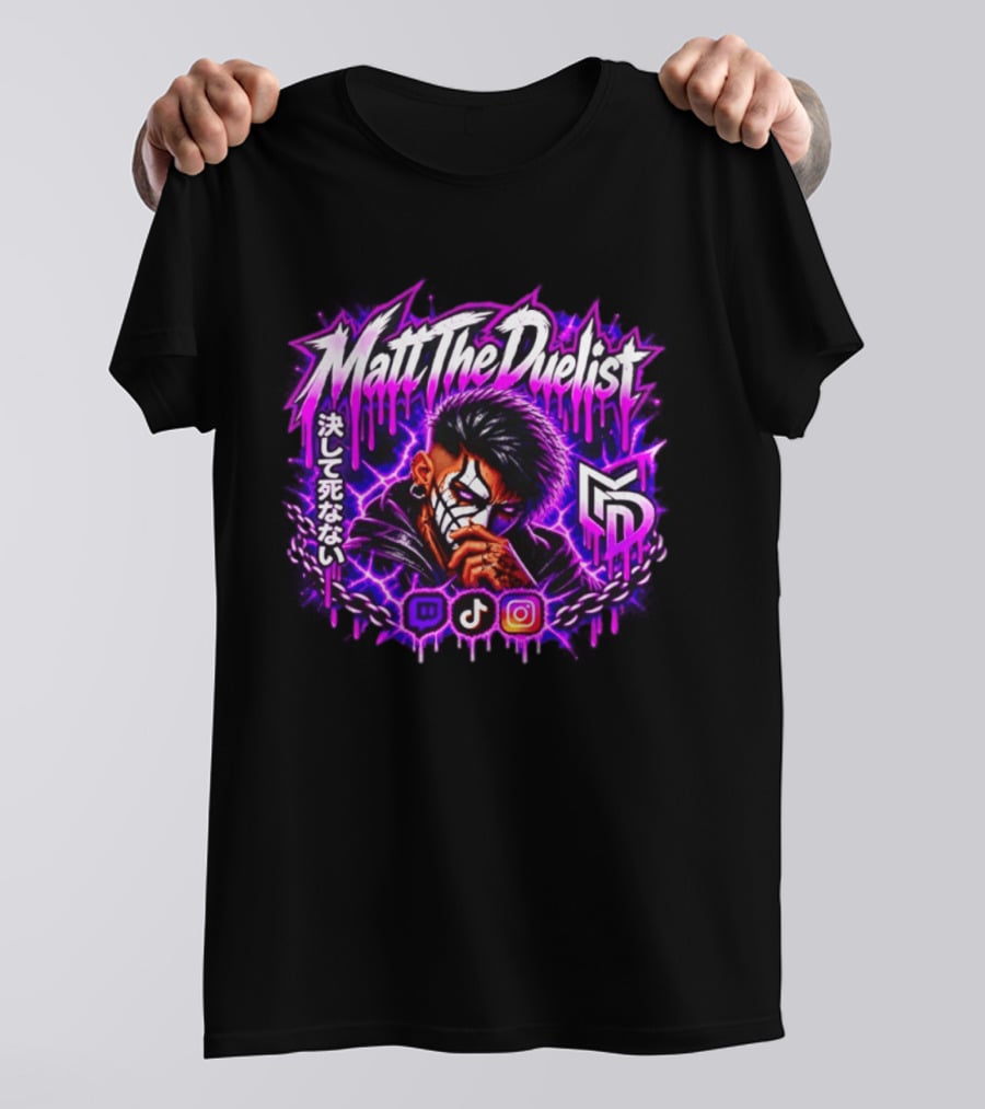 Matt The Duelist Freelance MTD Anime Gamer Mask Neon Purple Kanji T-Shirt