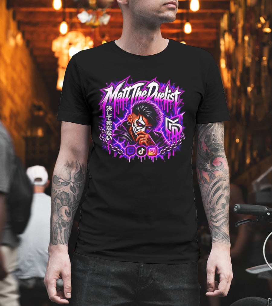 Matt The Duelist Freelance MTD Anime Gamer Mask Neon Purple Kanji T-Shirt