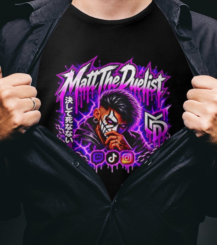 Matt The Duelist Freelance MTD Anime Gamer Mask Neon Purple Kanji T-Shirt