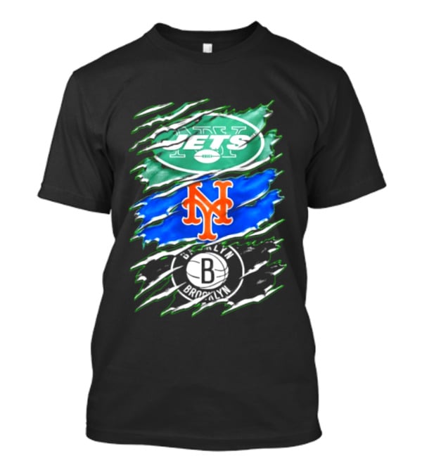 New York Jets Mets Brooklyn Nets Scratch Logo Mashup T-Shirt
