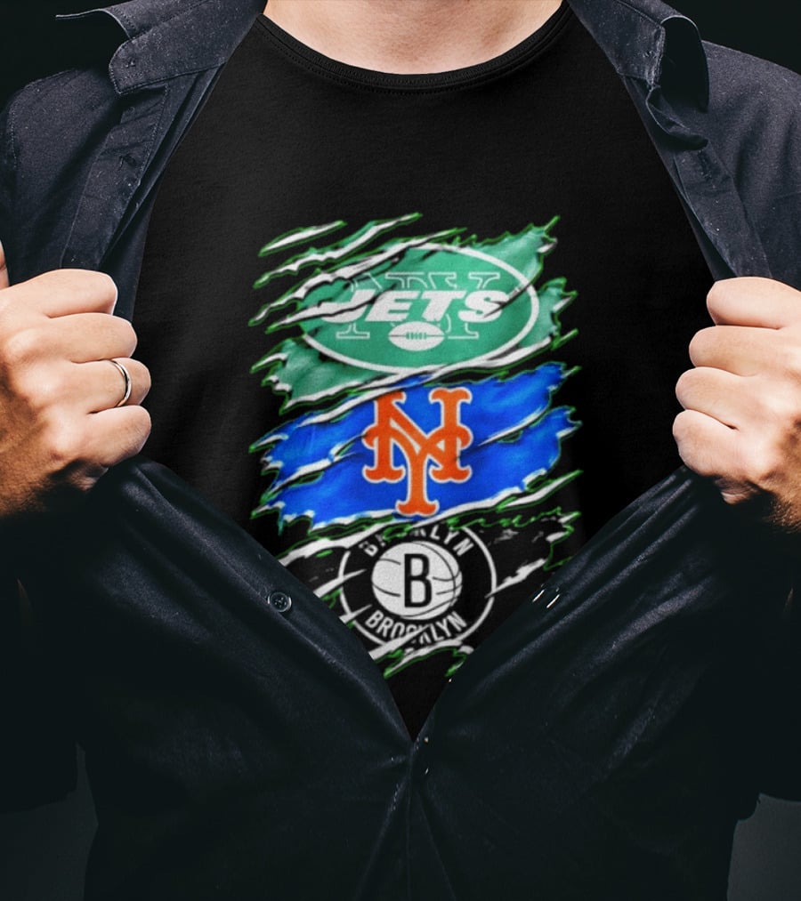New York Jets Mets Brooklyn Nets Scratch Logo Mashup T-Shirt