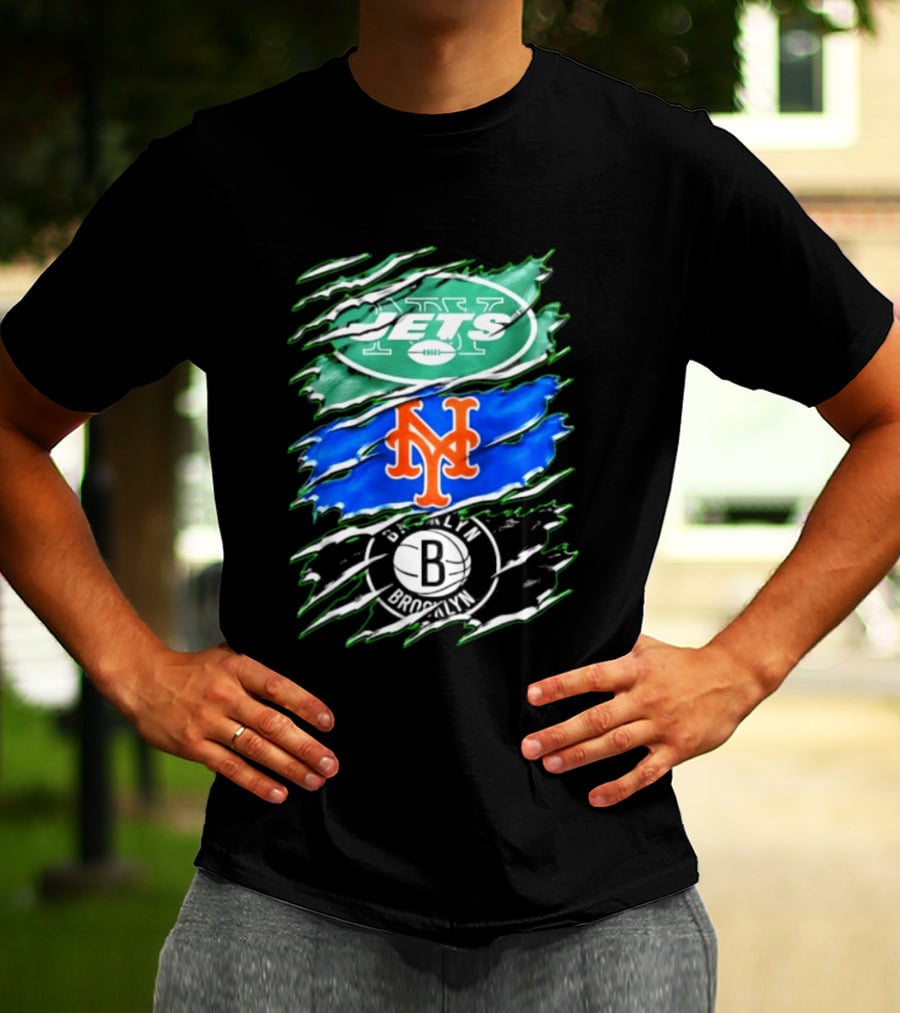 New York Jets Mets Brooklyn Nets Scratch Logo Mashup T-Shirt
