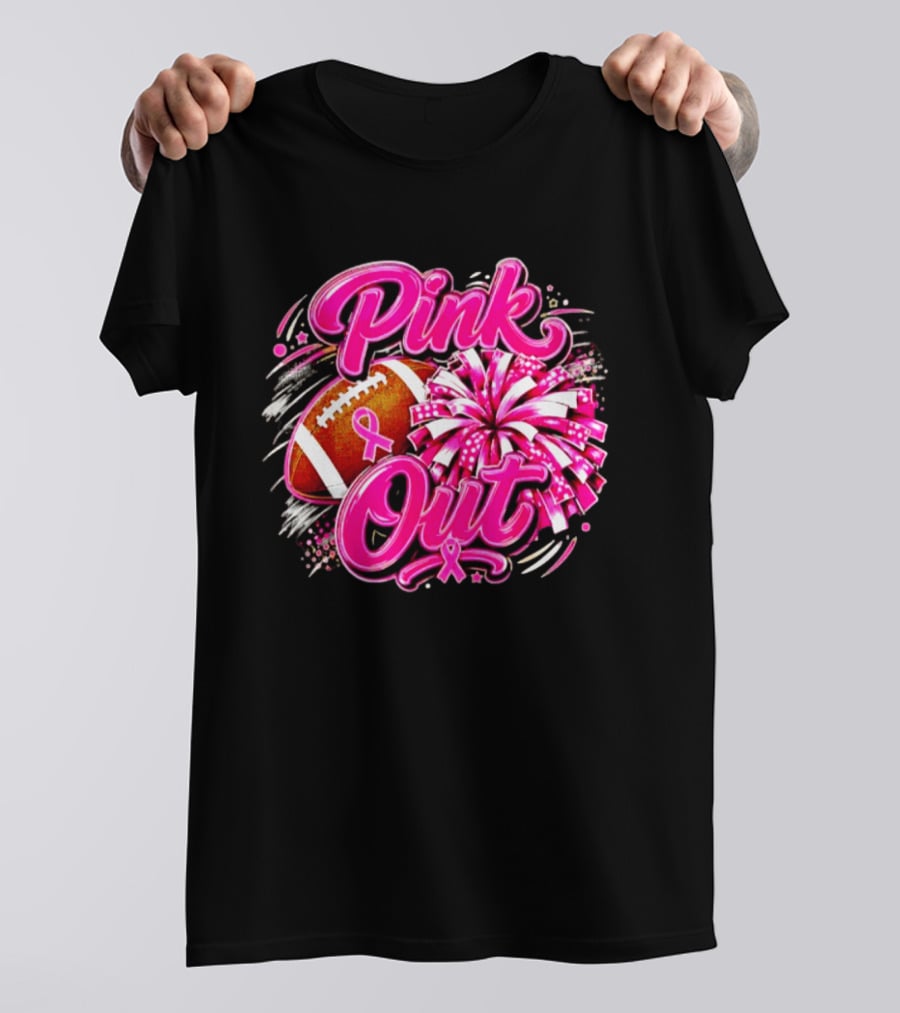 Pink Out Breast Cancer Awareness Football Cheerleading Pom Poms T-Shirt