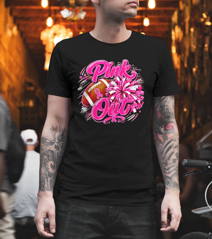 Pink Out Breast Cancer Awareness Football Cheerleading Pom Poms T-Shirt