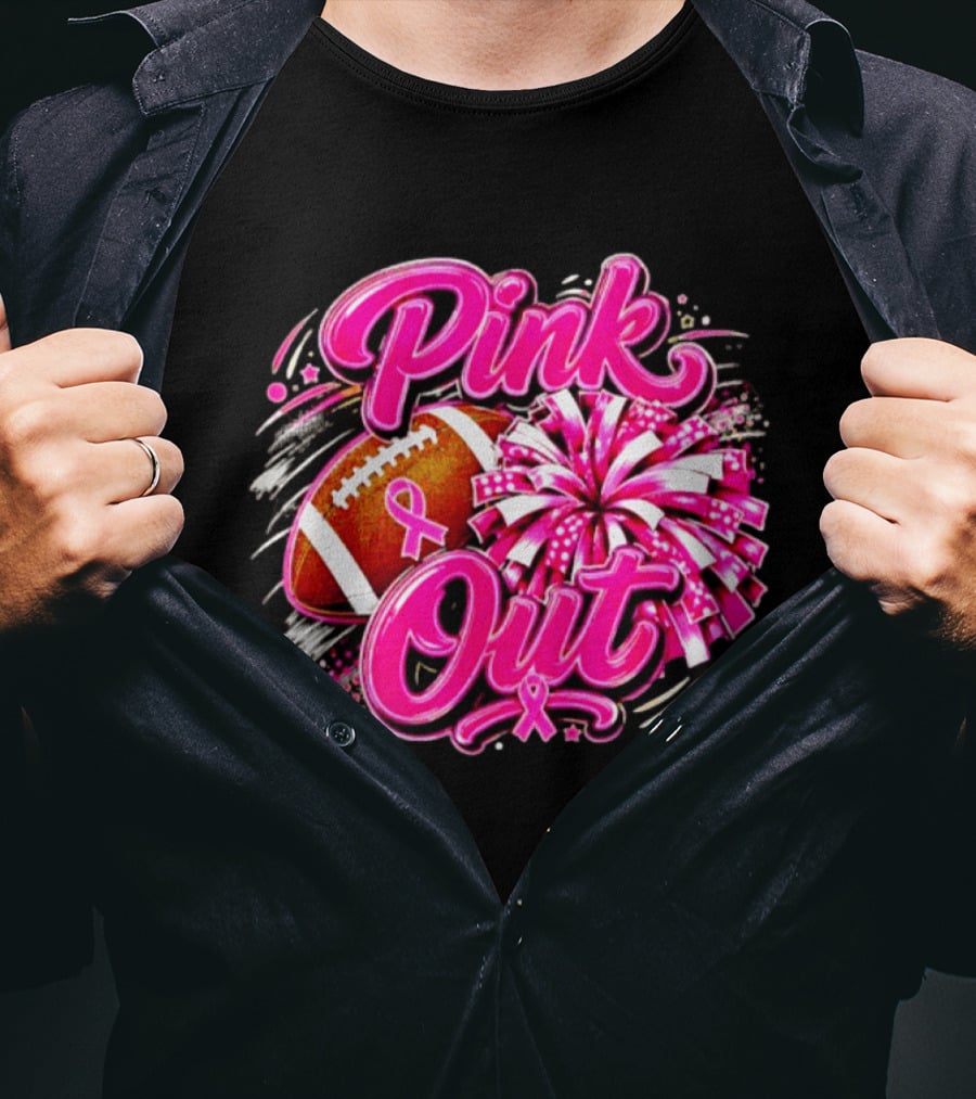 Pink Out Breast Cancer Awareness Football Cheerleading Pom Poms T-Shirt