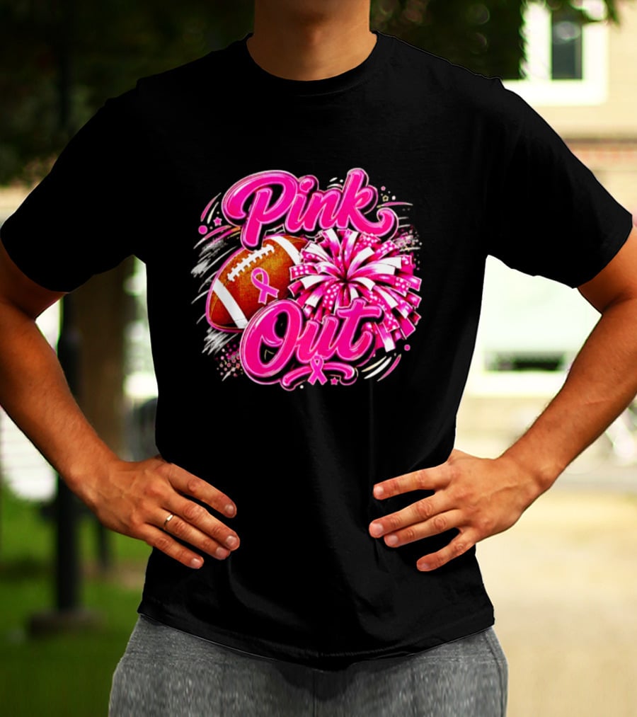 Pink Out Breast Cancer Awareness Football Cheerleading Pom Poms T-Shirt