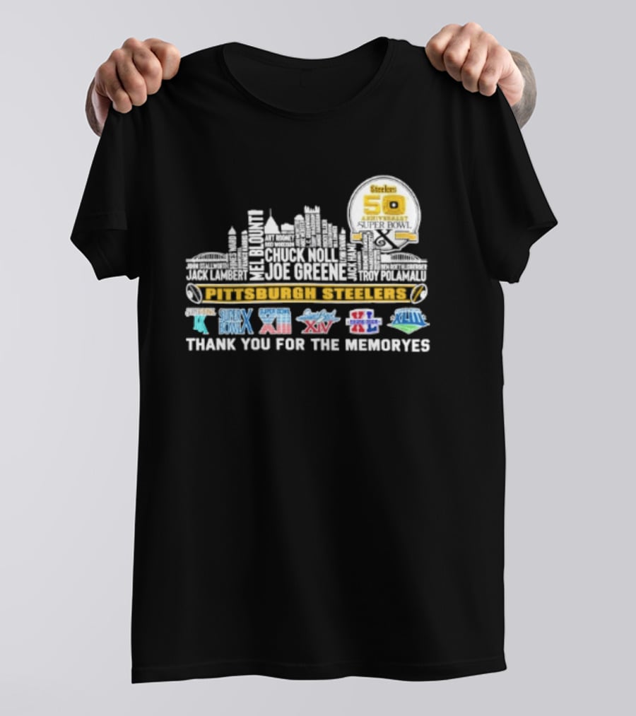 Pittsburgh Steelers Skyline 50th Anniversary Super Bowl Logos Thank You For The Memories T-Shirt