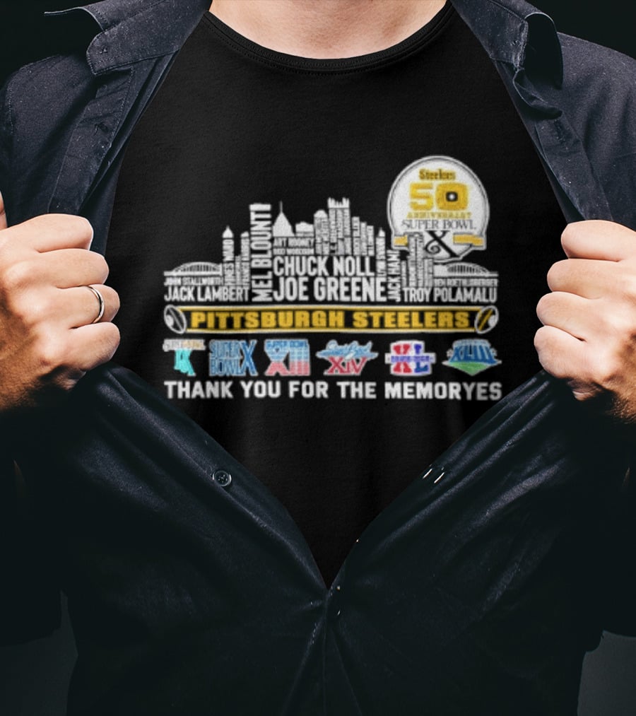 Pittsburgh Steelers Skyline 50th Anniversary Super Bowl Logos Thank You For The Memories T-Shirt
