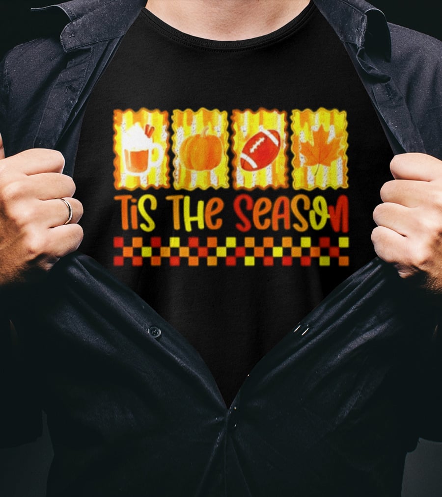 Tis The Season Pumpkin Coffee Football Leaf Halloween T-Shirt