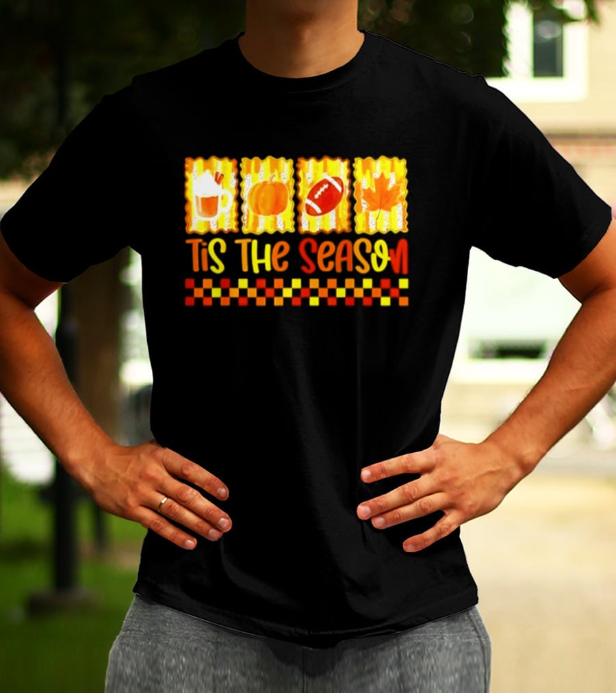 Tis The Season Pumpkin Coffee Football Leaf Halloween T-Shirt