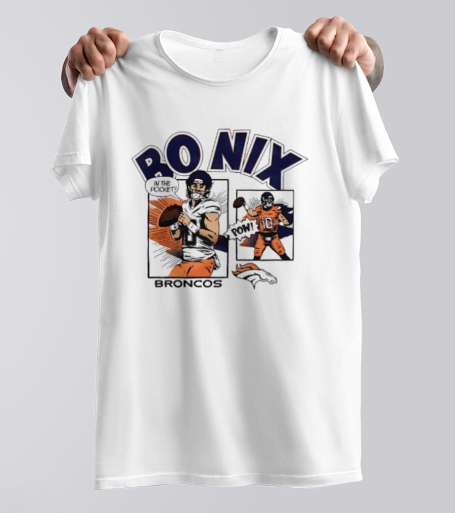 Bo Nix Broncos Comic Pow In The Pocket T-Shirt