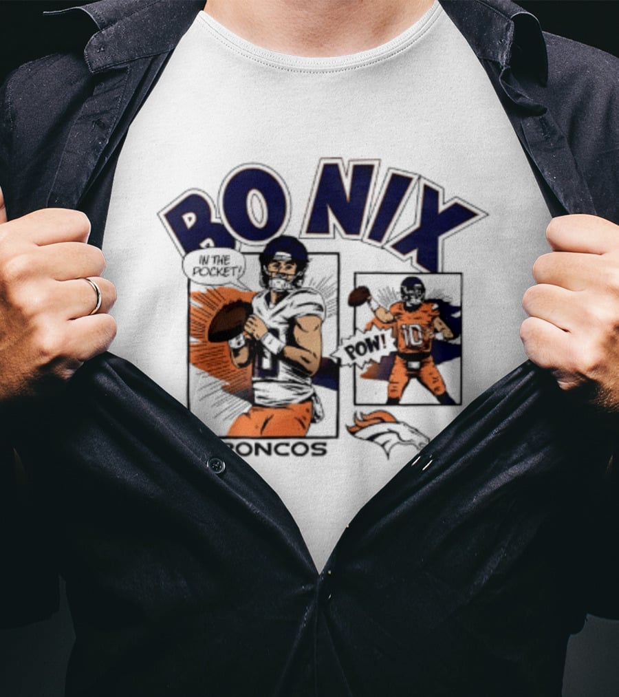 Bo Nix Broncos Comic Pow In The Pocket T-Shirt