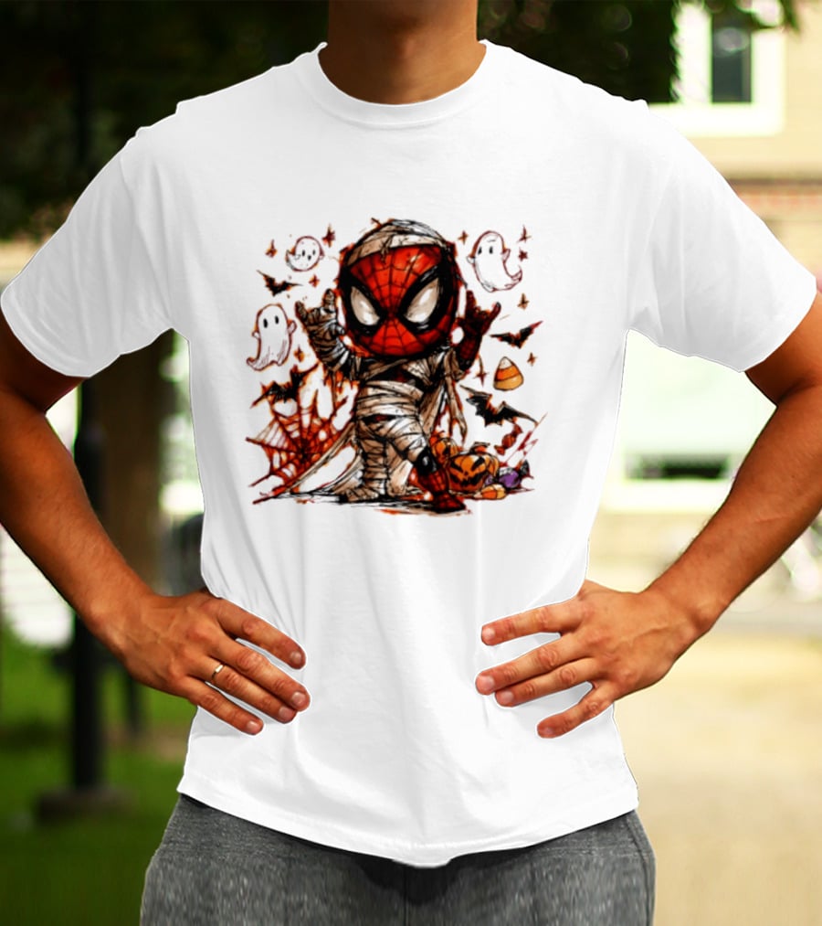 Spider Man Mummy Marvel Halloween Spidey Ghosts Bats Candy Corn Pumpkin T-Shirt