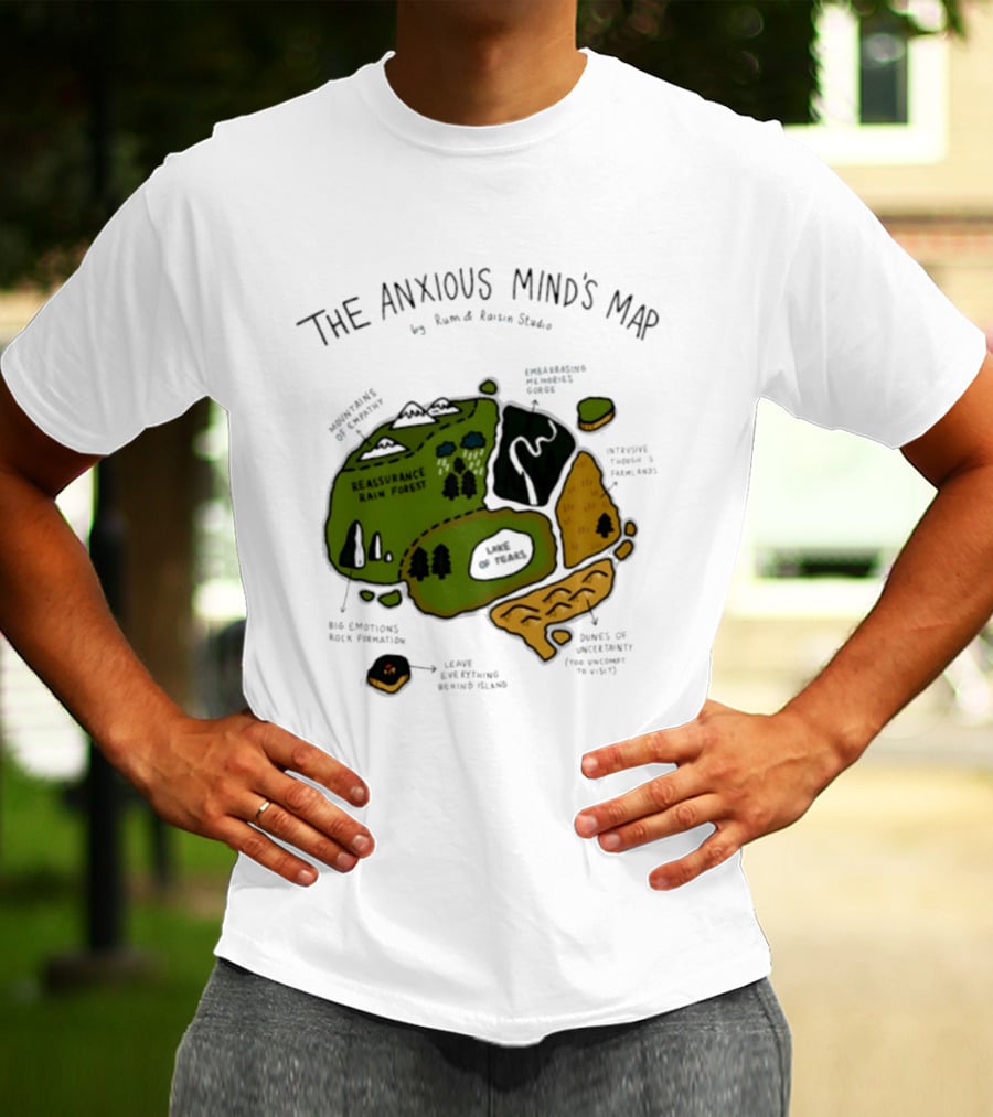 The Anxious Mind's Map Rum & Raisin Studio Reassurance Rain Forest Expectations Plateau Attack Of Panic Peaks T-Shirt