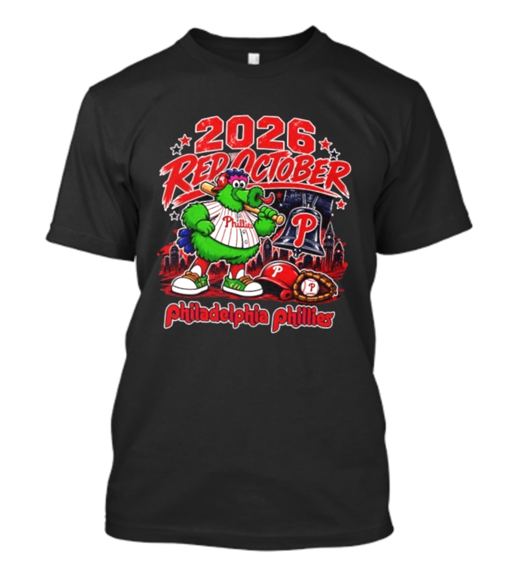 2026 Red October Philadelphia Phillies Phanatic City Skyline Liberty Bell T-Shirt