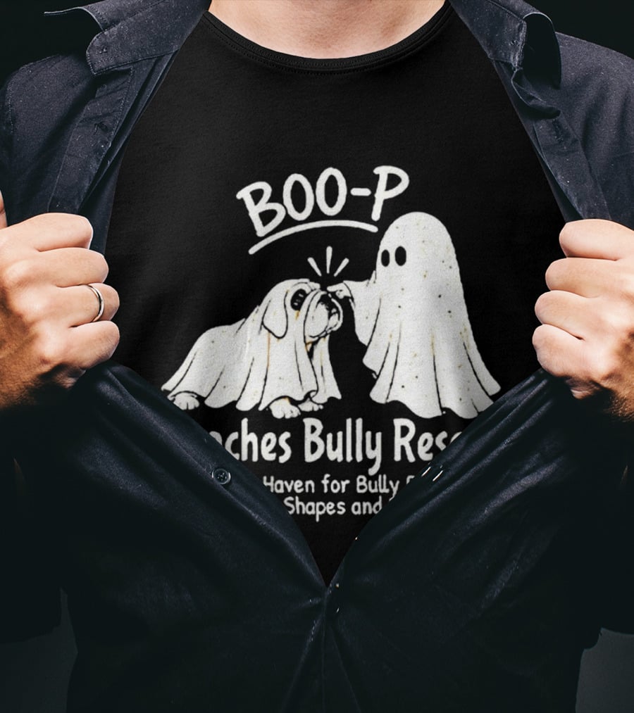 Boo P Peaches Bully Rescue Safe Haven For Bully Breeds Halloween Ghost Dog T-Shirt
