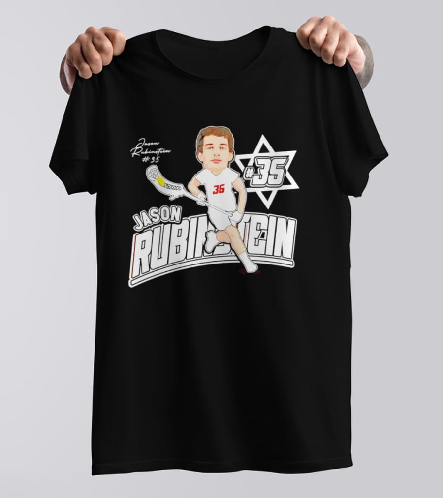 Jason Rubinstein Number 35 Lacrosse Jewish Star Caricature NCAA Rhodes T-Shirt
