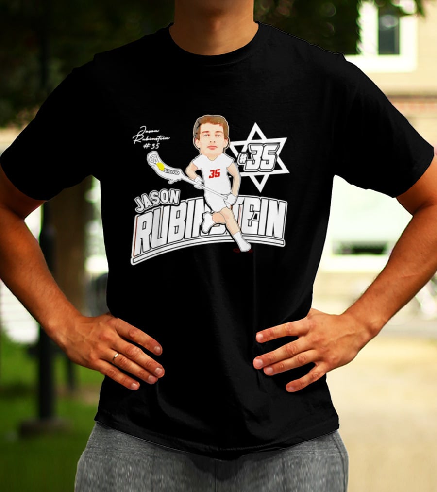 Jason Rubinstein Number 35 Lacrosse Jewish Star Caricature NCAA Rhodes T-Shirt