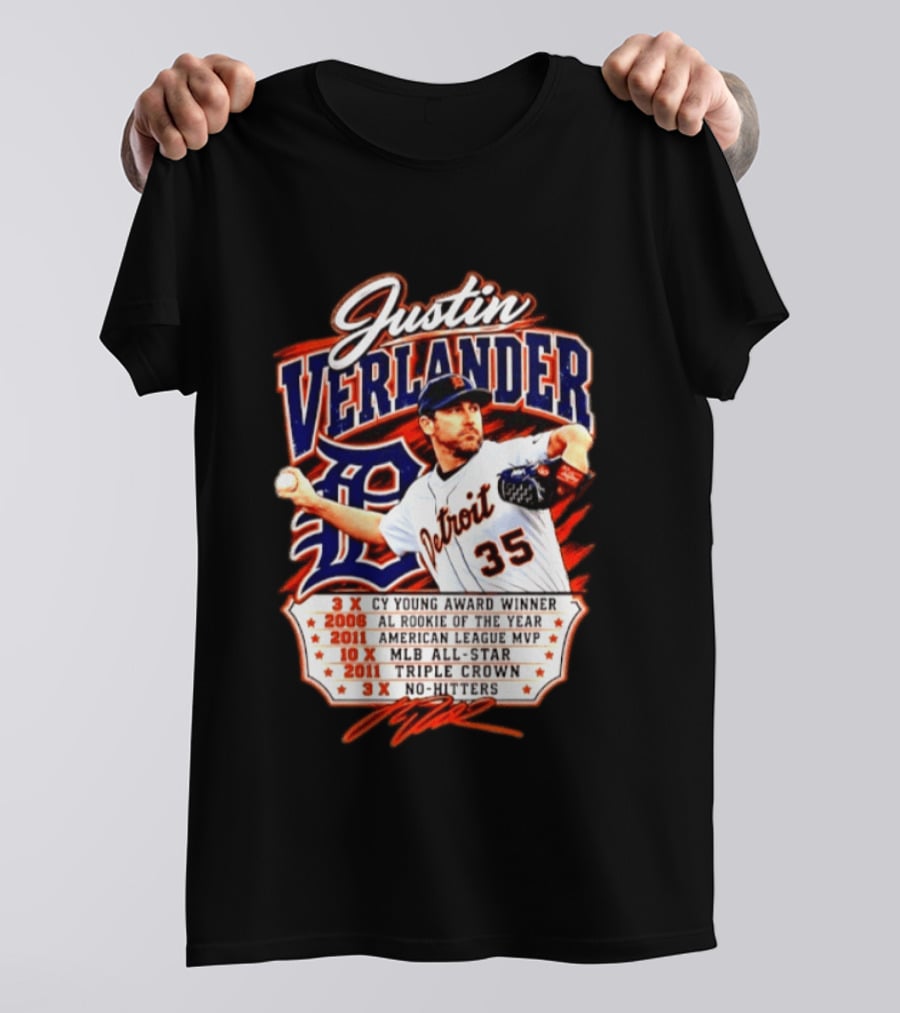 Justin Verlander Detroit Tigers Triple Crown 3x Cy Young 2011 MVP MLB All Star No Hitters T-Shirt